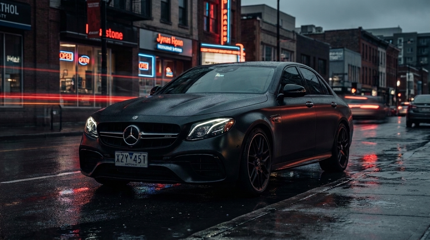 Mercedes-AMG E63S on city street at night
