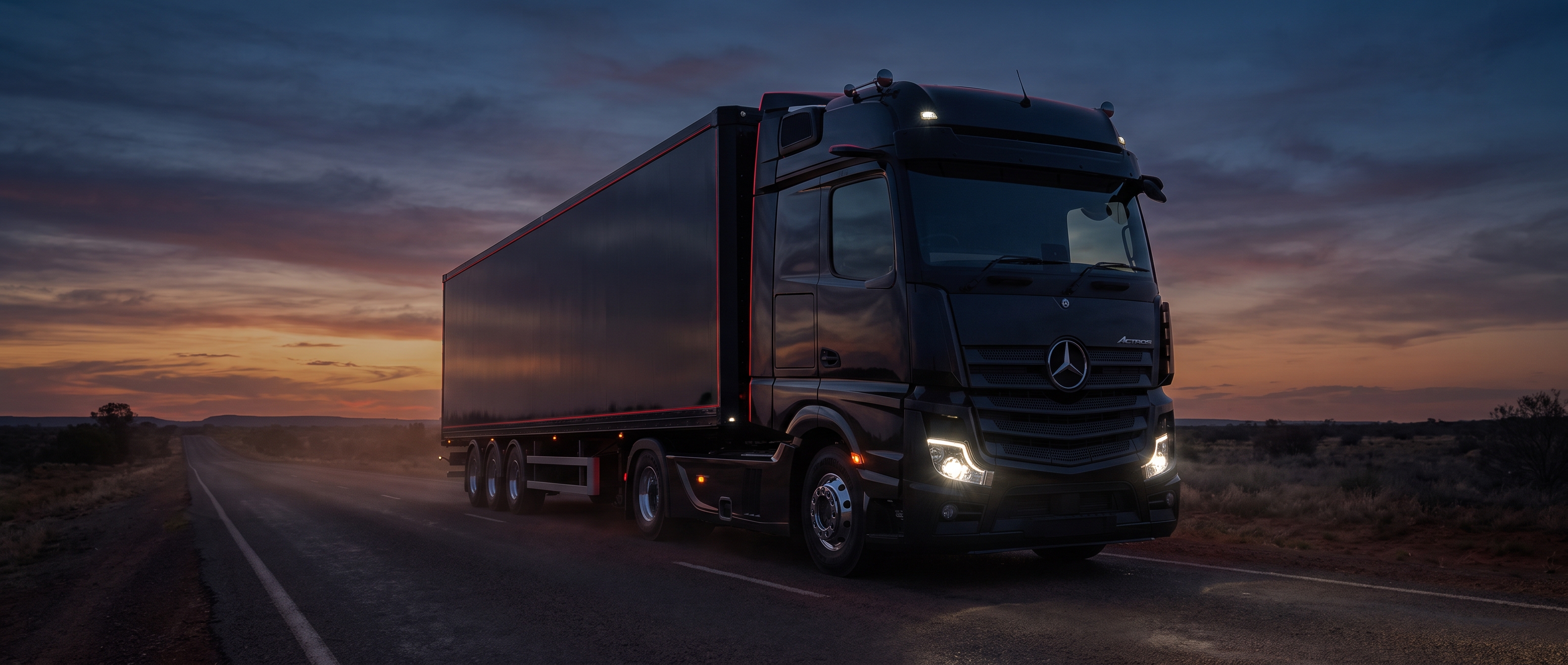 Mercedes-Benz Actros truck on Australian highway at dusk